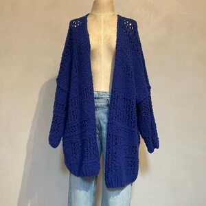 Free People Blue Open Front Cardigan with Long Sleeves and Chunky Knit
